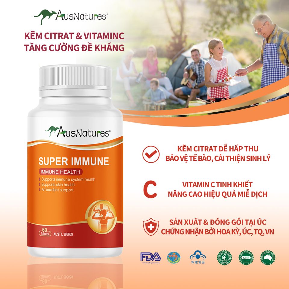 Kẽm & Vitamin C AusNatures Super Immune – Đẹp da, tăng đề kháng - Lọ 60 viên