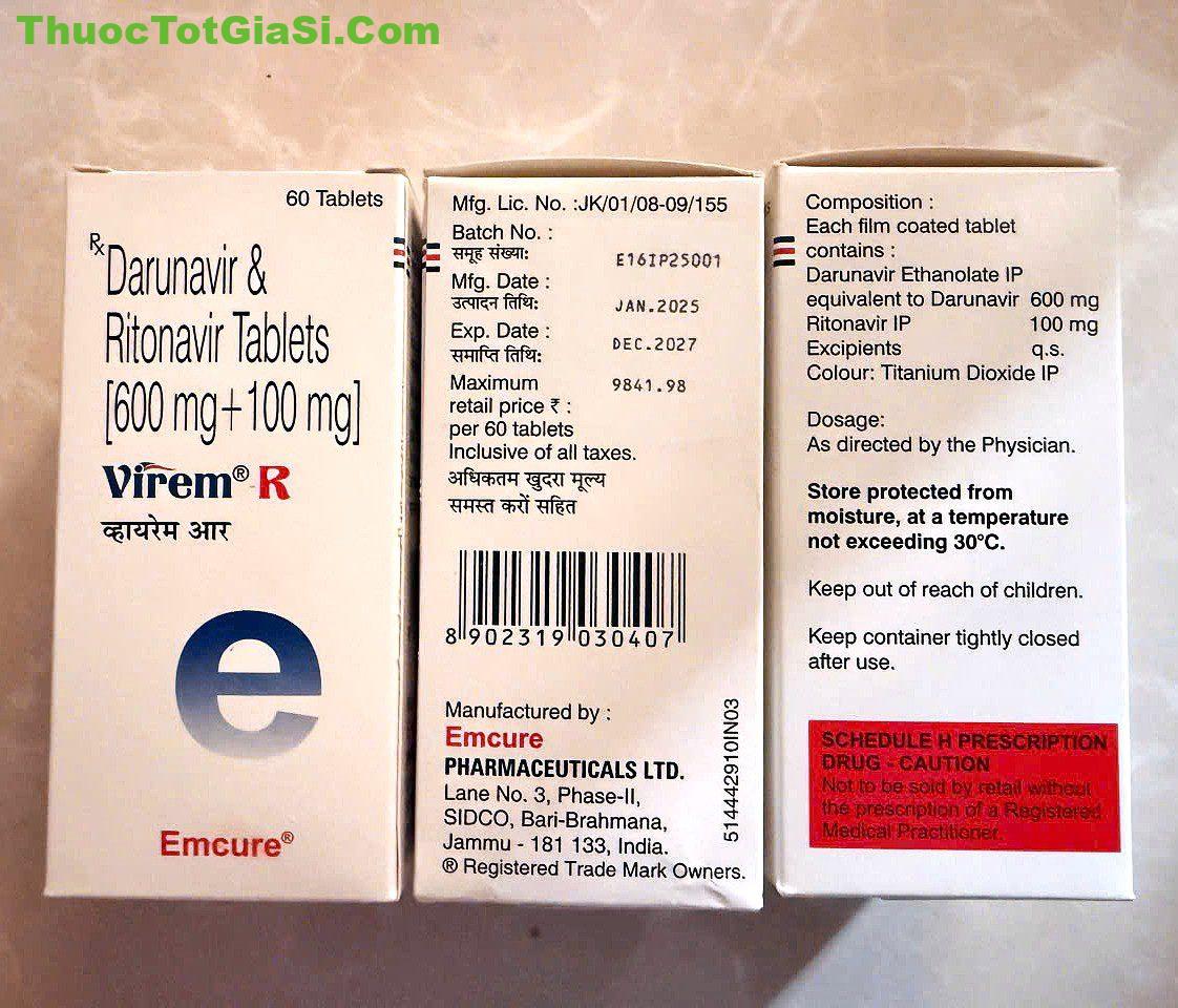 Virem R Emcure Virem-R 600mg + 100mg – Thuốc Darunavir & Ritonavir Điều Trị HIV Chính Hãng Emcure (Hộp 60 Viên)
