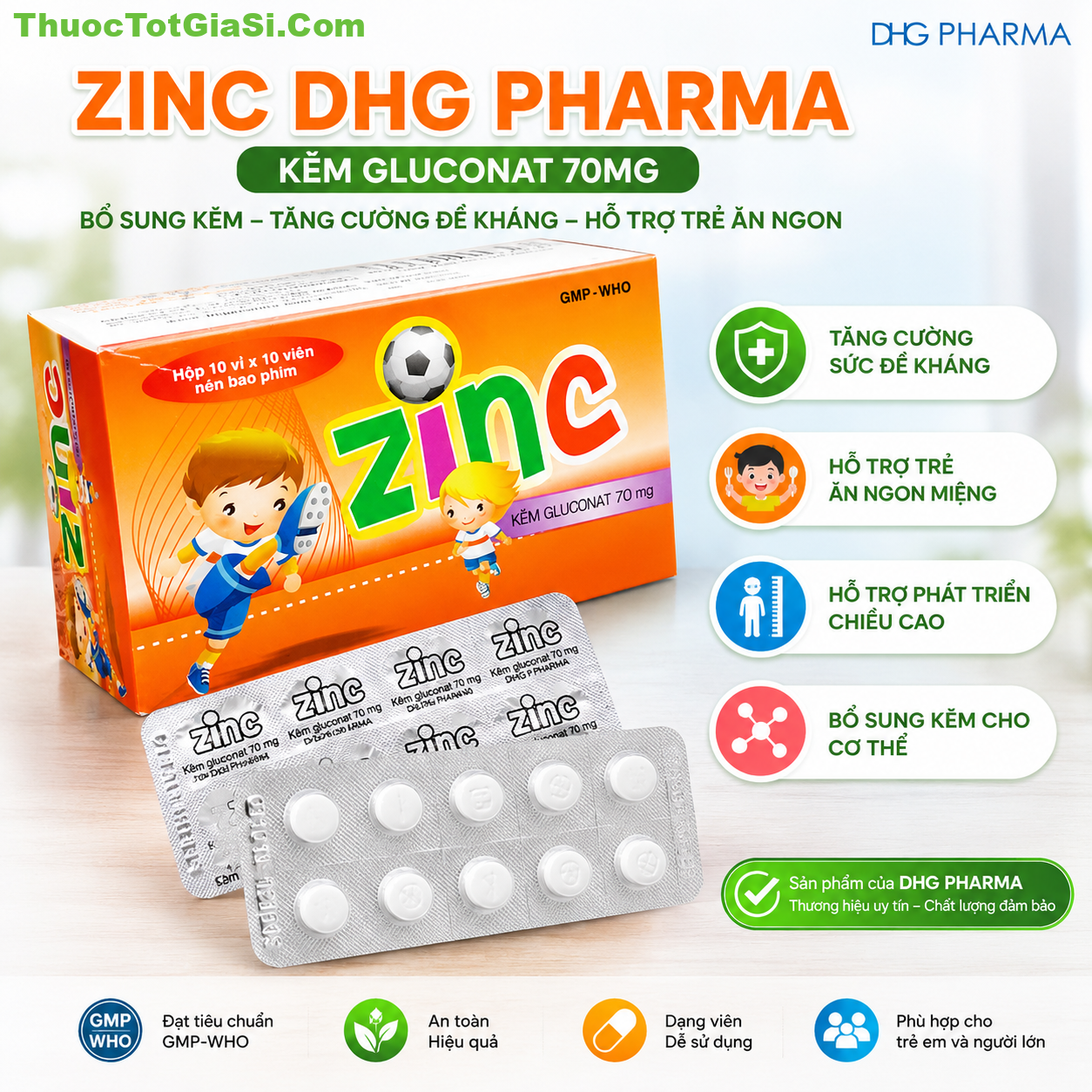 Zinc DHG Pharma Kẽm Gluconat 70mg – Bổ Sung Kẽm Tăng Đề Kháng, Hỗ Trợ Trẻ Ăn Ngon Zinc DHG Pharma Kẽm Gluconat 70mg – Bổ Sung Kẽm Tăng Đề Kháng, Hỗ Trợ Trẻ Ăn Ngon